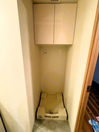 洗濯機置き場には収納あり。タオルや洗剤等のストック入れに 洗面台・洗面所
